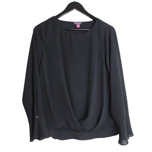 Vince Camuto Black Draped Deep Cut V-Neck Flowy Long Sleeve Blouse Size Small